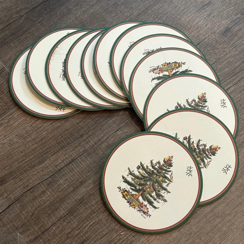 Spode Festive Tree Paper Coasters with Red and Green Trim and Presents Approx 4”